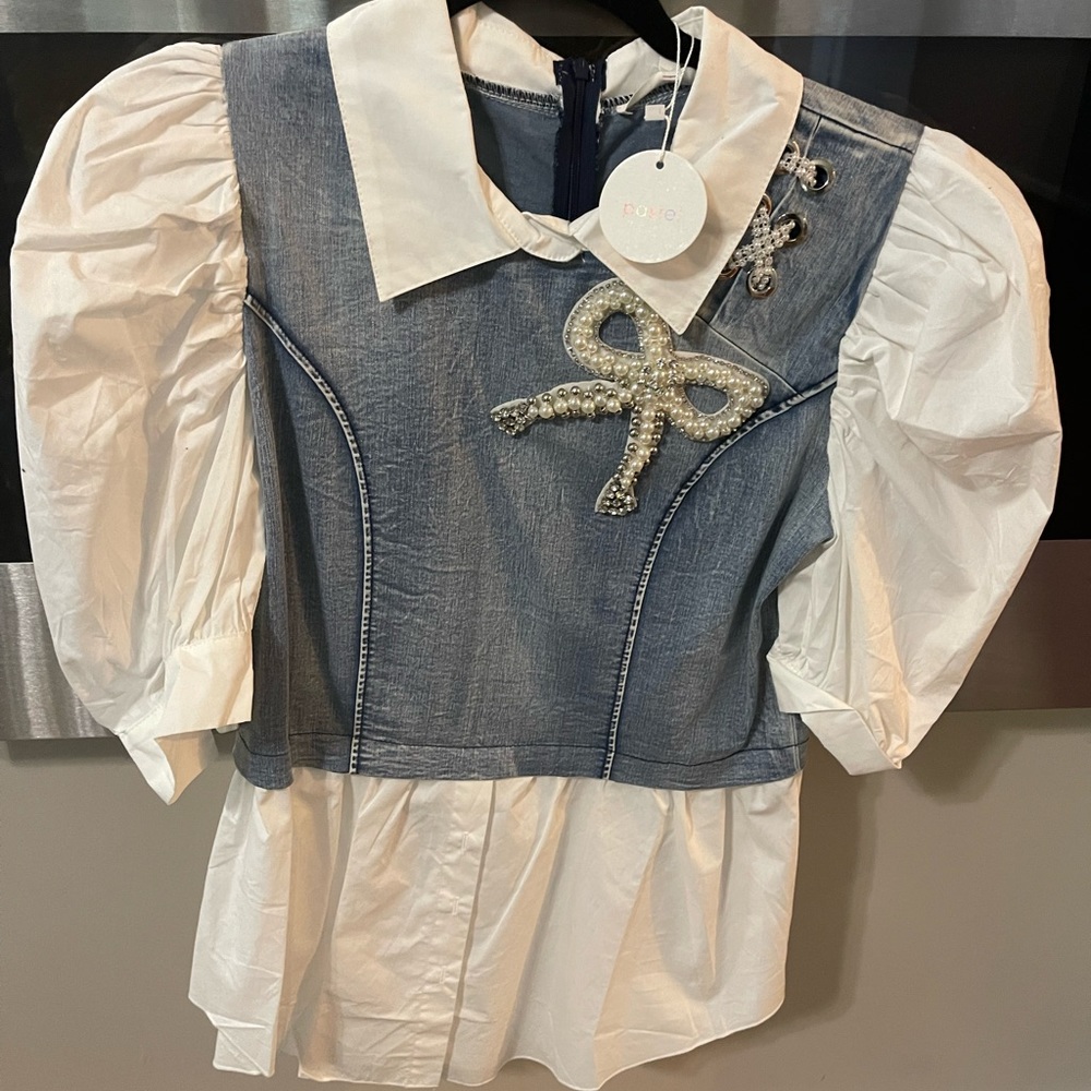 Denim Bow and pearl top